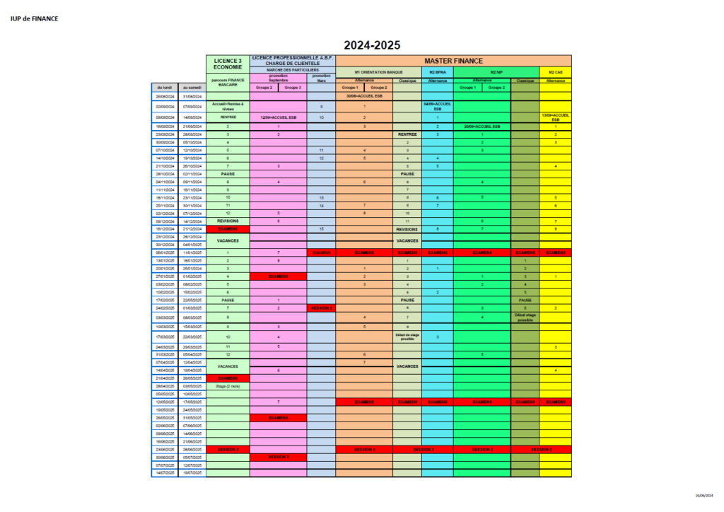 Calendrier IUP 2425 avec périodes de cours et d'examens